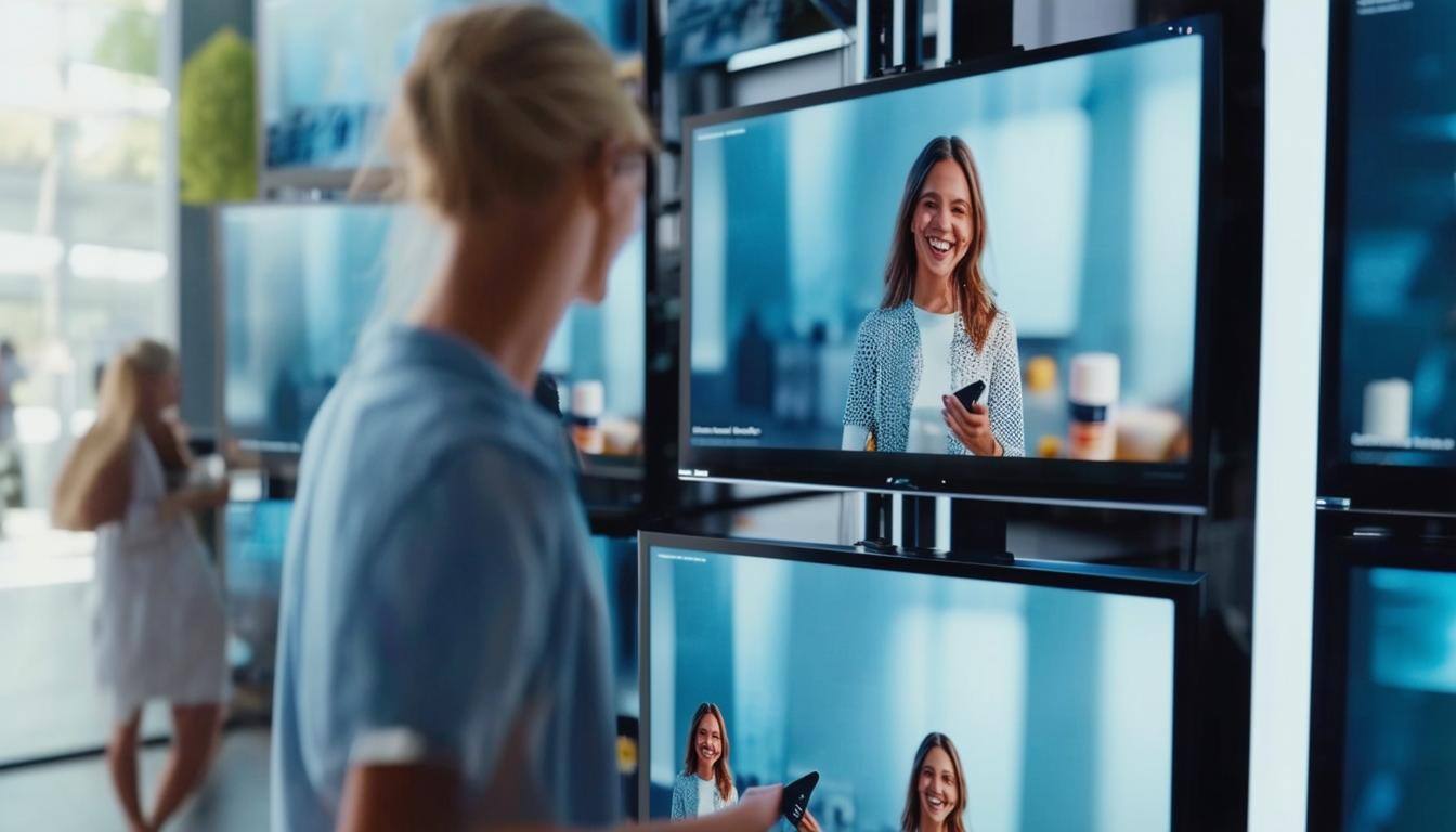 multiple screens showing an image of a smiling person showing a product